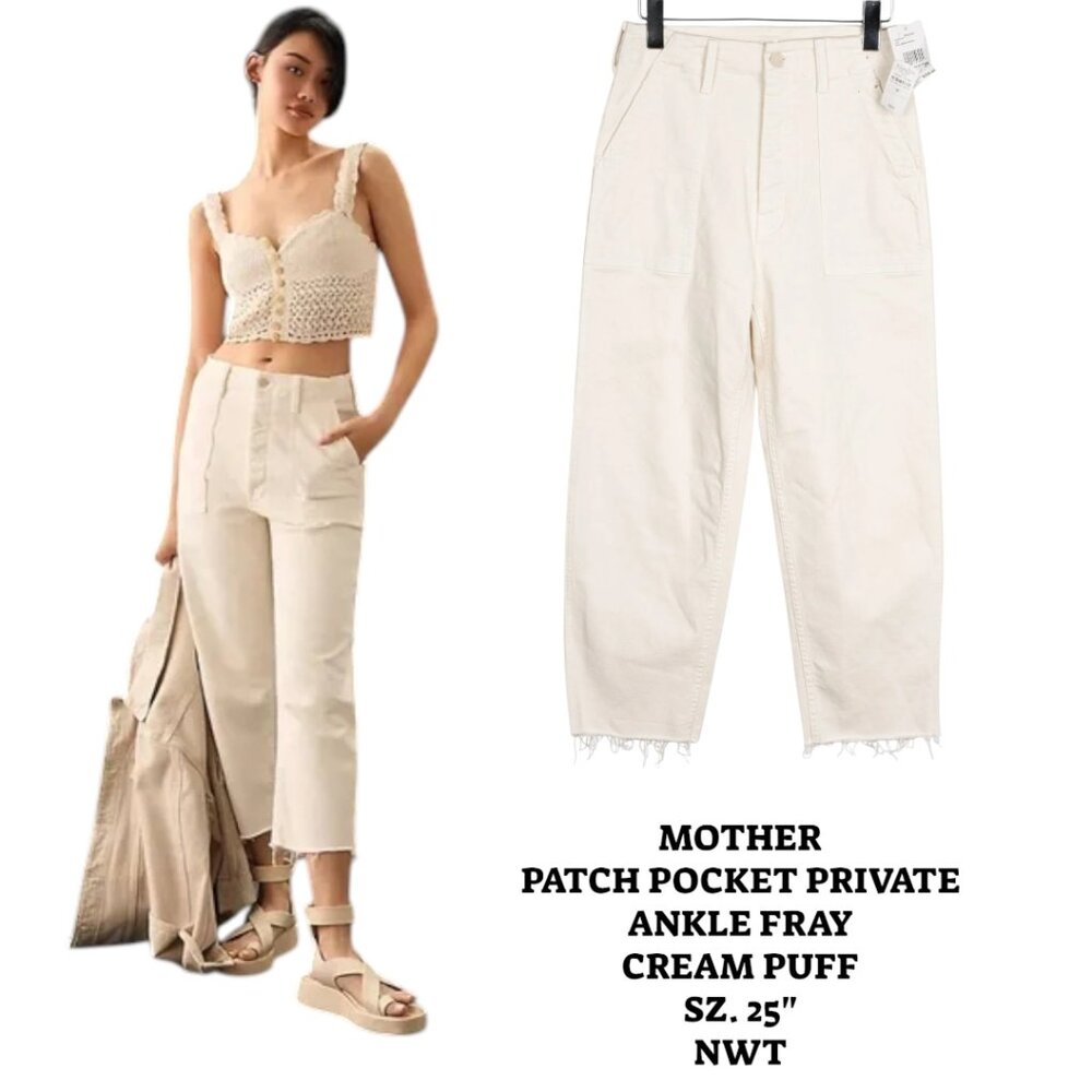 MOTHER The Patch Pocket Private Ankle‎ Fray Jeans CREAM PUFF SZ. 25" NWT